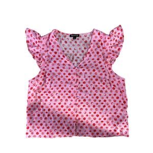 Pink Moon Floral Frill Sleeve Top-SZ 12 pink- ruffle- buttons valentines day